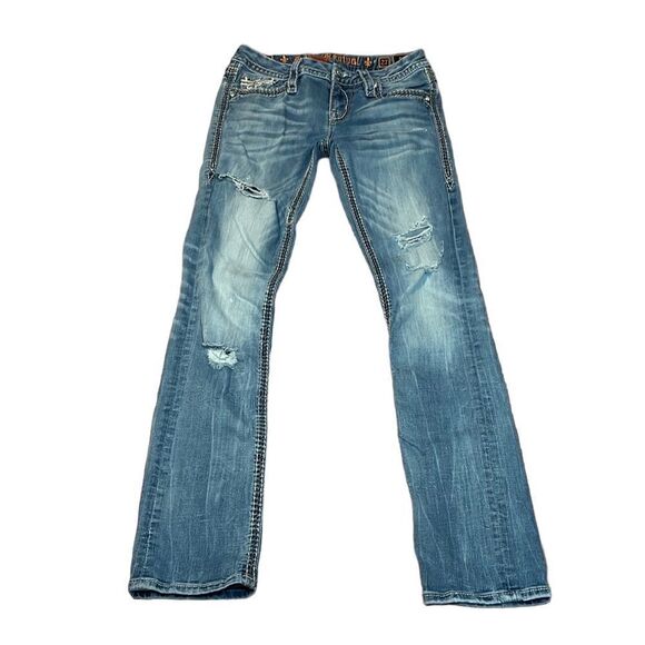 Y2K Rock Revival Betty Straight Jeans, Distressed, Bling,  27 - Picture 1 of 11
